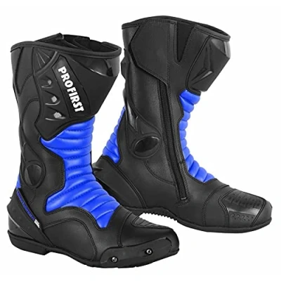 Image of Genuine Leather Motorbike Boots Armoured Motorcycle Long Ankle Protection boot Shoes Anti Slip Racing Sports Blue &amp; Black, UK 10 / EU 44