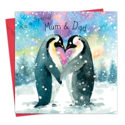 Image of Twizler Mum and Dad Christmas Card with Cute Penguins Happy Xmas Mummy &amp; Daddy Merry