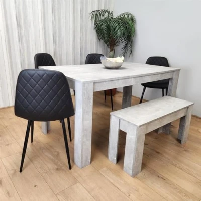 Image of KOSY KOALA Dining Table and 4 Chairs With Bench Stone Grey Effect Wood Black Leather Room