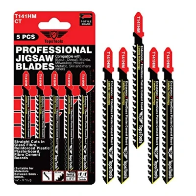 Image of 5 x TopsTools JSTT141HM T141HM 100mm Long Glass Fibre Cutting Jigsaw Blades Compatible with Bosch, Dewalt, Makita, Milwaukee and Many More