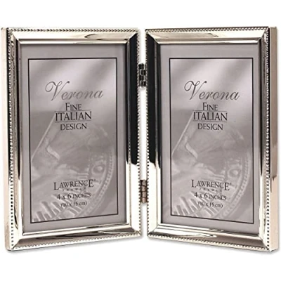 Image of Lawrence Frames Verona Collection 4&quot; x 6&quot; Metal Silver Hinged Double Picture Frame with Beads (11646D)