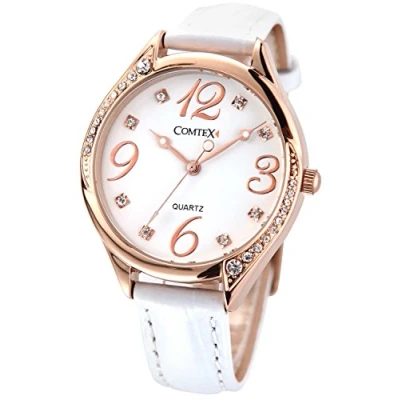 Image of COMTEX Ladies Watches White Large Face Leather Rose Gold Tone Strap Fashion