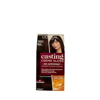 Image of L&#039;Oreal Paris Casting Creme Gloss semi permanent hair dye, blends away grey leaving a radiant colour, Black dye 360 Cherry, 1 Count (Pack of 1)