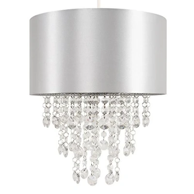Image of MiniSun Modern Grey Cylinder Ceiling Pendant Light Shade with Clear Acrylic Jewel Effect Droplets