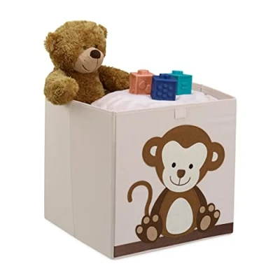 Image of Relaxdays Toy Box, Children, Monkey Symbol, HxWxD: 33 x cm, Clothes, Tidy, Foldup, Storage, Chest, Beige/Brown, Fleece