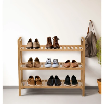 Image of Hallowood Furniture Waverly Oak 3 Tier Shoe Rack, 9 Pair Organiser, Stackable Solid Wood Rack in Light Oak, Low Space Saving Storage for Living Room