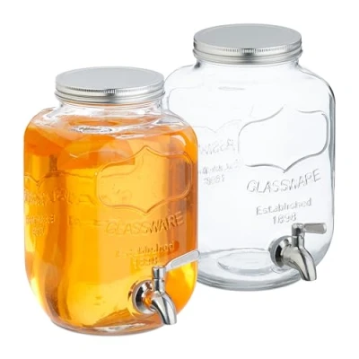Image of Relaxdays Set of 2 Drink Dispensers, 4L Beverage Container, Party Accessory, Tap and Lid, Glass &amp; Plastic, Transparent, 11.5 x 9 cm