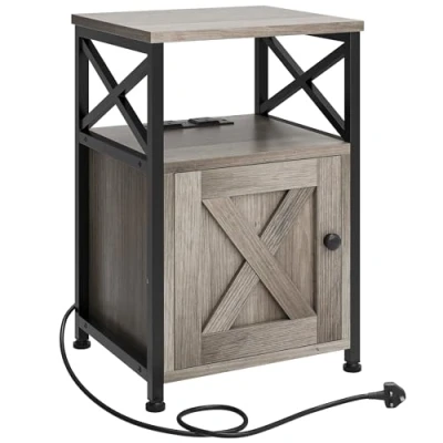 Image of YITAHOME Side Table, Bedside Table with Storage Cabinet, X Shaped Sofa End Charging Station, 2 USB Ports &amp; Power Outlets, Living Room Coffee Metal Frame, Bedroom, Grey, 40x35x60cm