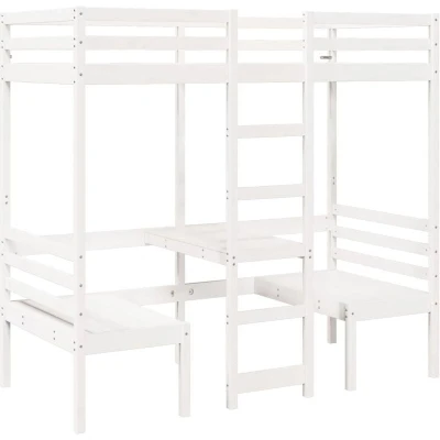Image of vidaXL Loft Bed Frame with Desk and Chairs White 90x200cm Solid Wood Pine