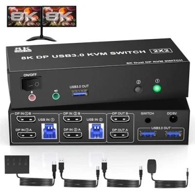 Image of 8K@60Hz USB 3.0 Displayport KVM Switch 2 Monitors Computers, DP 1.4 Dual Monitor with Audio Microphone Output and 3 Ports, Wired Remote Cables Included