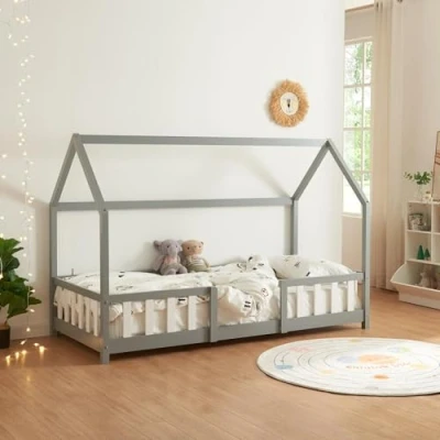 Image of [en.casa] Children&#039;s bed Sisimiut house 90 x 200 cm with fall out protection wooden for children floor slatted frame pine wood light grey/white