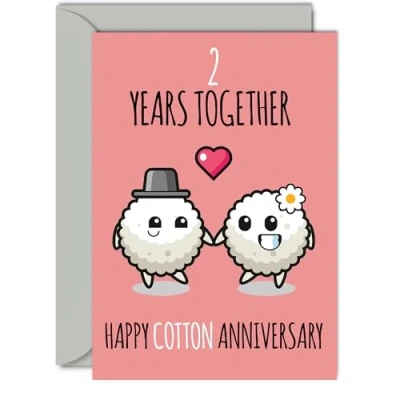Image of Cute Cotton Anniversary Card for Boyfriend Girlfriend 2 Years Together Happy 2nd Wedding Cards Women Men, A5 Greeting Second Anniversaries
