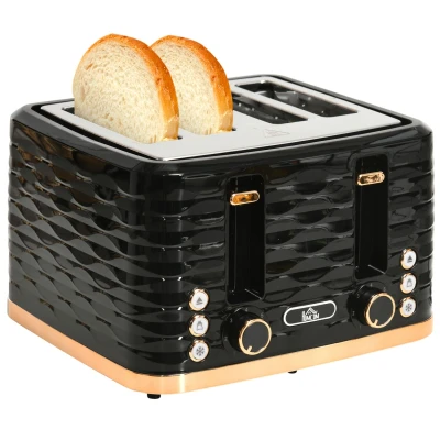 Image of HOMCOM 4 Slice Toaster with 7 Browning Levels, High Lift, Reheat/Defrost/Cancel, Self centring Function, Removable Crumb Tray, Auto Off, 1600W, Black Water Ripple Texture