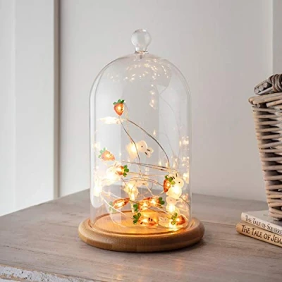 Image of Lights4fun Easter Decoration Bunny &amp; Carrot Battery Micro Fairy Lights Glass Cloche Dome Bell Jar