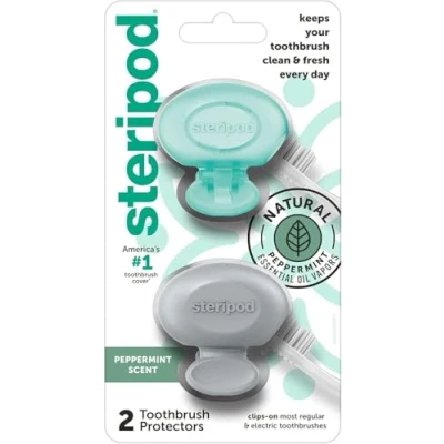 Image of Steripod Clip On Toothbrush Protector with Peppermint Essential Oils, Keeps Fresh and Clean, Travel Accessories, Fits Most Manual Electric Toothbrushes, 2 Count