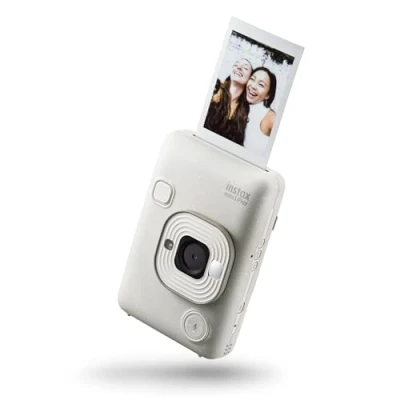 Image of INSTAX mini LiPlay Hybrid instant camera with rear 2.7 inch LCD display screen, Micro SD card slot, USB Type c charging, Misty White, film sold separately
