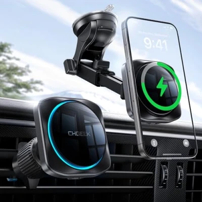 Image of CHGeek for Magsafe Car Mount Charger, Wireless Phone Holder Magnetic Charger with 15W Fast Charging Dashboard Windshield Air Vent, iPhone Black
