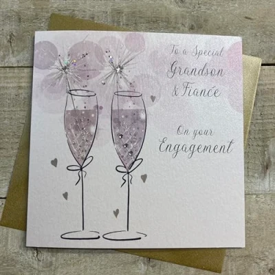 Image of WHITE COTTON CARDS GRANDSON &amp; FIANCE TO BE FLUTES ENGAGEMENT CARD, HAND FINISHED (D25 GS)