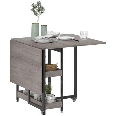 Image of HOMCOM Industrial Folding Dining Table, Drop Leaf Table with Open Compartments for Small Spaces, Kitchen, Room, Grey