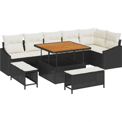 Image of vidaXL 9 Piece Garden Sofa Set with Cushions Black Poly Rattan Acacia