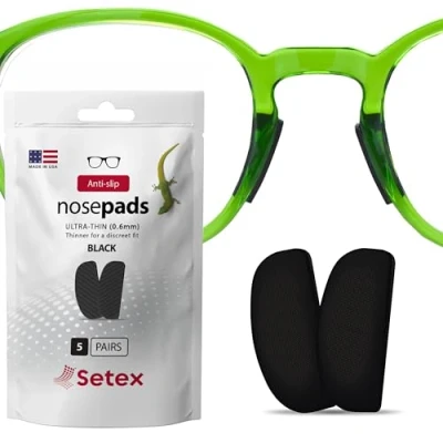 Image of Setex Gecko Grip Glasses Nose Pads (5 Black Pairs) Anti Slip Ultra Thin for Glasses, USA Made, Micro Structured Fibres, Strong Grip, Soft, Self Stick Adhesive, 0.6 x 7 16 mm