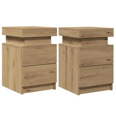 Image of vidaXL Bedside Cabinets with LED Bed Table 2 pcs Artisian Oak Engineered Wood Drawers for Bedroom/Living Room 35x39x55 cm