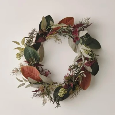 Image of Lights4fun 40cm Artificial Autumn Winter Wreath with Faux Eucalyptus Leaves Front Door Decoration Indoor &amp; Outdoor Use