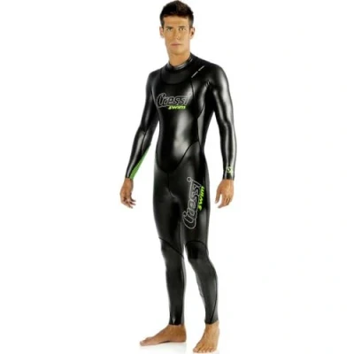 Image of Cressi Triton Man All In One Swim Wetsuit 1.5mm Neoprene High Density Glide Skin Piece Wetsuit, Black/Fluo Green, S, Men&#039;s