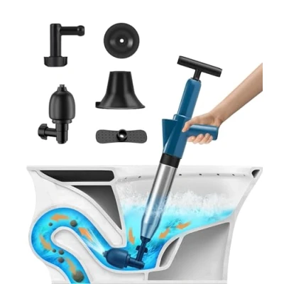 Image of Toilet Plunger, High Pressure Air Drain Blaster Kit, Powerful Manual Pneumatic Dredge Equipment with 4 Replaceable Heads &amp; Visual Barometer, Unblocker for Sink/Bathtub/Floor Drain/Clogged Pipe