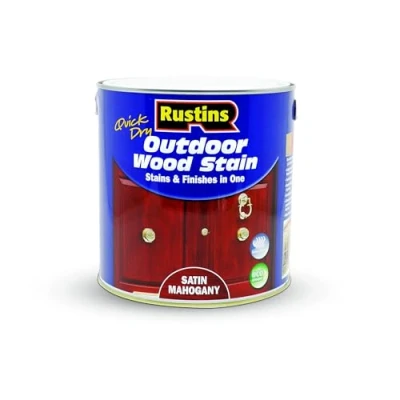 Image of Rustins Quick Dry Outdoor Wood Stain Satin Mahogany 2.5ltr Durable and Weather Resistant Finish, Fast Drying, Vibrant Color for Decks, Fences, &amp; Furniture, Available in Many Shades