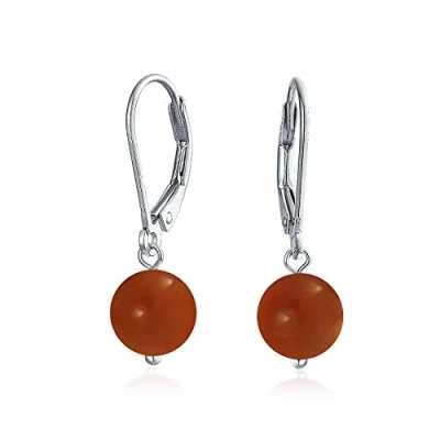 Image of Simple Plain Gemstone Dyed Red Natural Carnelian Ball Round Drop Dangle Earrings For Women .925 Sterling Silver