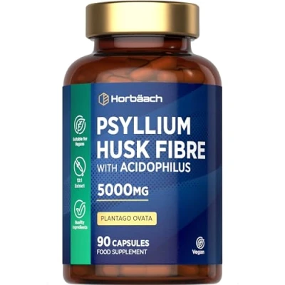 Image of Psyllium Husks Capsules with Probiotic 5000mg Fibre Supplement Acidophilus 2 Million CFU Natural Soluble Fiber From Plantago Ovata Seeds 90 Vegan by Horbaach