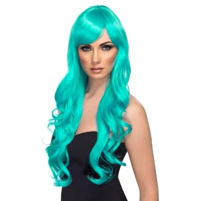 Image of Smiffys Desire Wig, Aqua Long, Curly with Fringe, Ladies Glamour Wigs Fancy Dress, Adult Dress Up