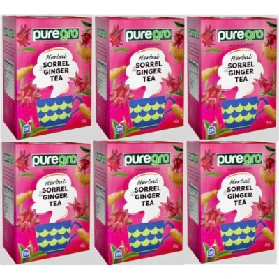 Image of Puregro Sorrel &amp; Ginger Tea 40g (20 Bags) PACK OF 6 Herbal 100% Pure Natural CAFFEINE FREE.