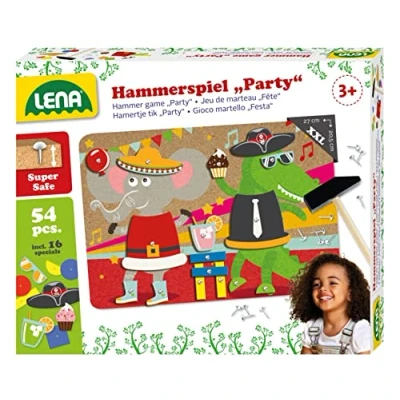 Image of Lena 65835 Animal Party, 38 Coloured 16 Special Parts, XXL Base Plate Made of Cork Approx. 28 x 19.5 cm, Nails, Knocking Children from 3 Years, Hammer Game, Multicoloured, Extra Large