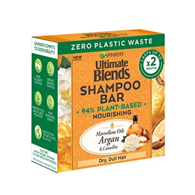 Image of Garnier Ultimate Blends Marvellous Oils Nourishing Shampoo Bar for Dry, Dull Hair, 94% Plant Based Solid with Argan &amp; Camellia Oil, Vegan Formula, No Silicones, 60g