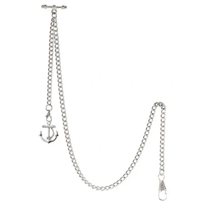 Image of TREEWETO Men&#039;s Albert Chain Pocket Watch Curb Link Key 2 Hooks with Antique Anchor Silver Pendant Design Charm Fob T Bar