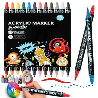 Image of SHUBEIEUMI Acrylic Paint Pens Markers, 12 Colors Dot Markers Pen Dual Tip, Marker Set for Rocks Painting, Ceramics, Fabric, Pumpkins, Mugs, Making Art Supplies Colouring