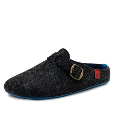 Image of Andrés Machado VAL Unisex Home Slippers Wool Felt Perfect for Winter Anti Slip Sole and Adjustable Buckle Black Blue, Size 39 EU / 6 UK Women 5 Men