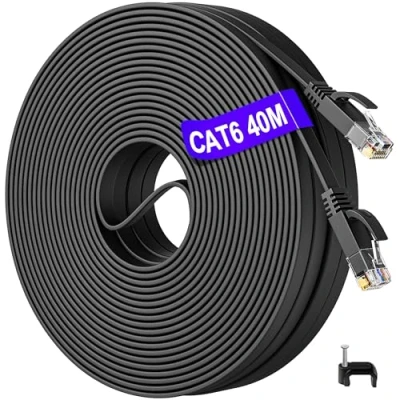 Image of Ethernet Cable 40m, Cat 6 Flat Internet 40 Meter Outdoor Indoor, Long Network Slim High Speed 1000Mbps, Black Gigabit LAN Patch Cord Compatible with Cat5/Cat5e for Router Modem Switch