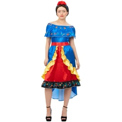 Image of Smiffys Deluxe Artist Frida Costume, Ladies with Dress &amp; Headband, Icons Idols Fancy Dress, Heros Up Costumes