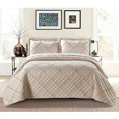 Image of Householdfurnishing 3 Piece Quilted Bedspread Bed Embossed Bedding Set Throw Comforter with Pillow Shams (Ruffle Beige, King)