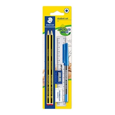Image of STAEDTLER 121SET BKD Noris School Graphite HB Pencil Student Stationery Set (Pack of 2 Pencils, Blue Pen, Ruler, Eraser Plus Sharpener), Black