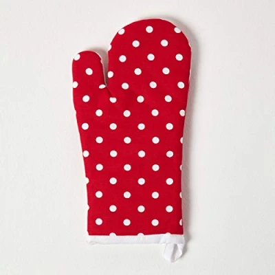 Image of HOMESCAPES Pure Cotton Oven Glove Polka Dot Red 18 x 32 cm Fully Coordinated Washable Kitchen Linen