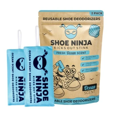 Image of Shoe Ninja Deodorizer Odour Eliminator with Activated Charcoal, Versatile and Reusable Deodoriser Bags for Shoes, Football Boot Smell Remover, Great Sports 2 Pack