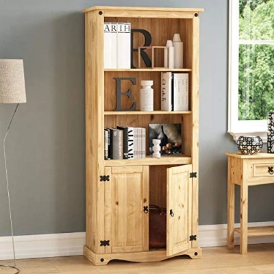 Image of Vida Designs Corona 2 Door Bookcase Display Unit Solid Pine Wood Distressed Waxed Finish