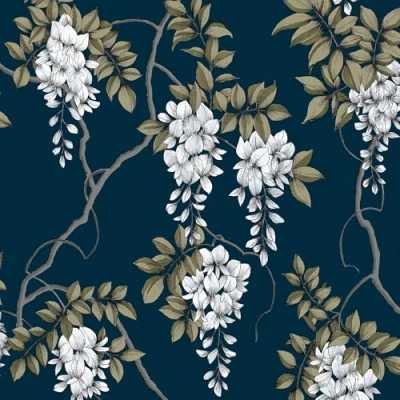 Image of Superfresco Easy Navy Wisteria Floral Wallpaper Paste The Wall Navy, White &amp; Green Contemporary Patterned Leaved Design Feature or 4 Cover for Small Cracks