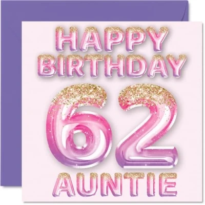 Image of 62nd Birthday Card for Auntie Pink &amp; Purple Glitter Balloons Happy Cards 62 Year Old Aunt Aunty from Nephew Niece, 145mm x Bday Greeting Gift