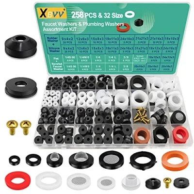 Image of XBVV 32 Size 258 PC Faucet and Plumbing Rubber Washers Assortment Kit for Assorted Garden Hose Valve Spigot Adapter Splitter Outdoor Bibb Shower Gasket Repair
