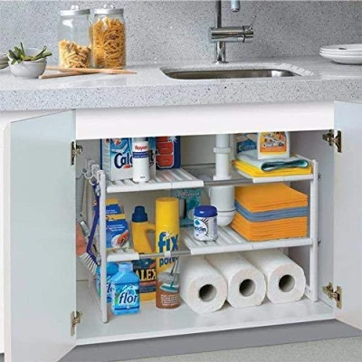 Image of Warmiehomy 2 Tier Extendable Sink Shelf Adjustable Under Rack Multifuctional Storage Stainless Steel Tubes for Kitchen Bathroom Cabinet ((50 70) x26.5x39cm)